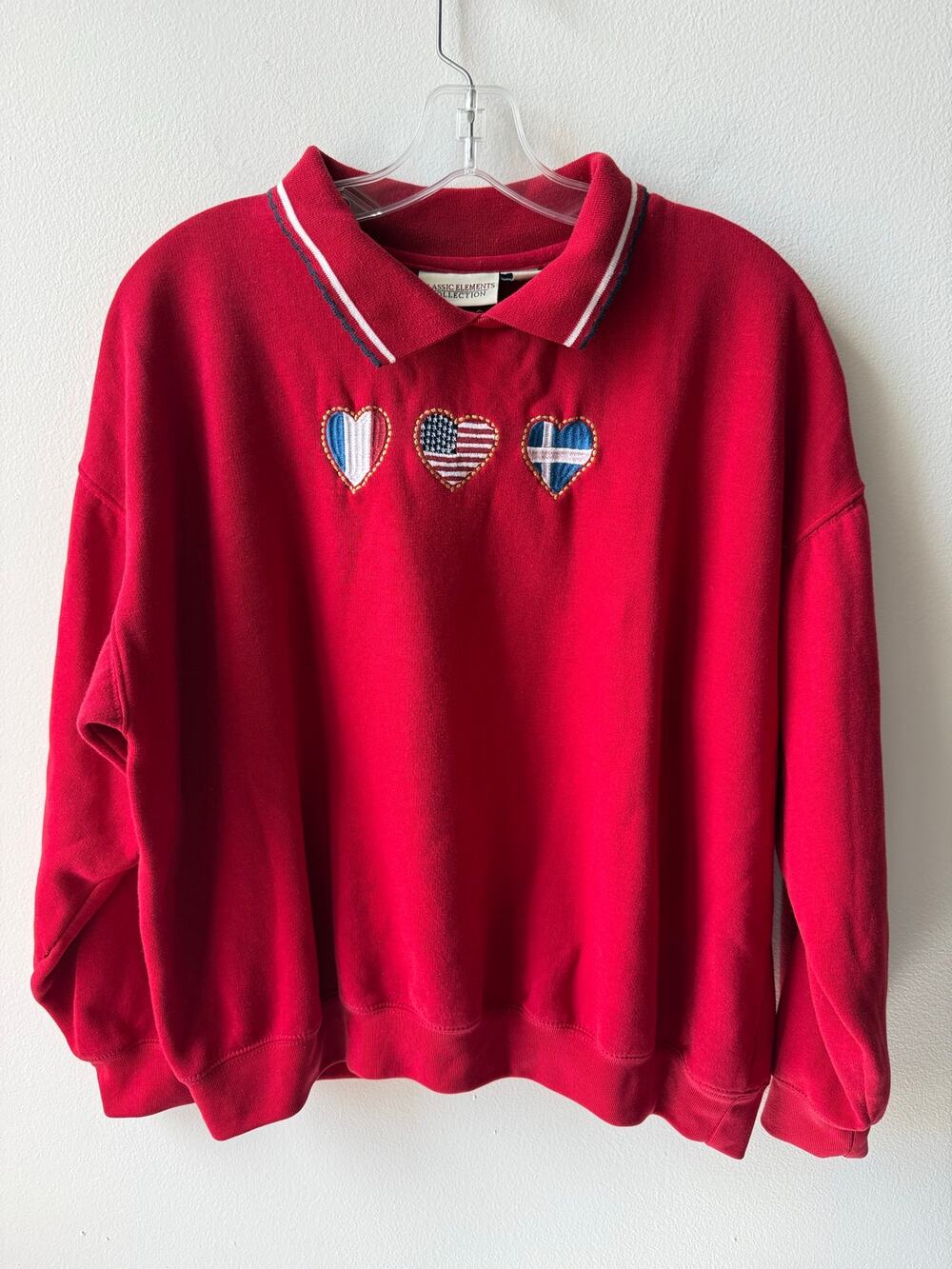 Vtg Red USA Flag Sweatshirt Collared Grandma Embroidered Preppy Top Women XL